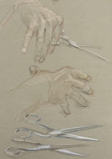 This is a sketch of hands holding a pair of scissors and two other pairs just below them.