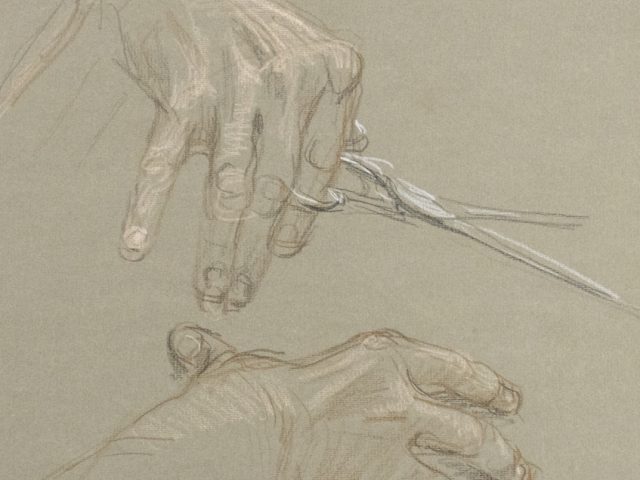 This is a sketch of hands holding a pair of scissors and two other pairs just below them.