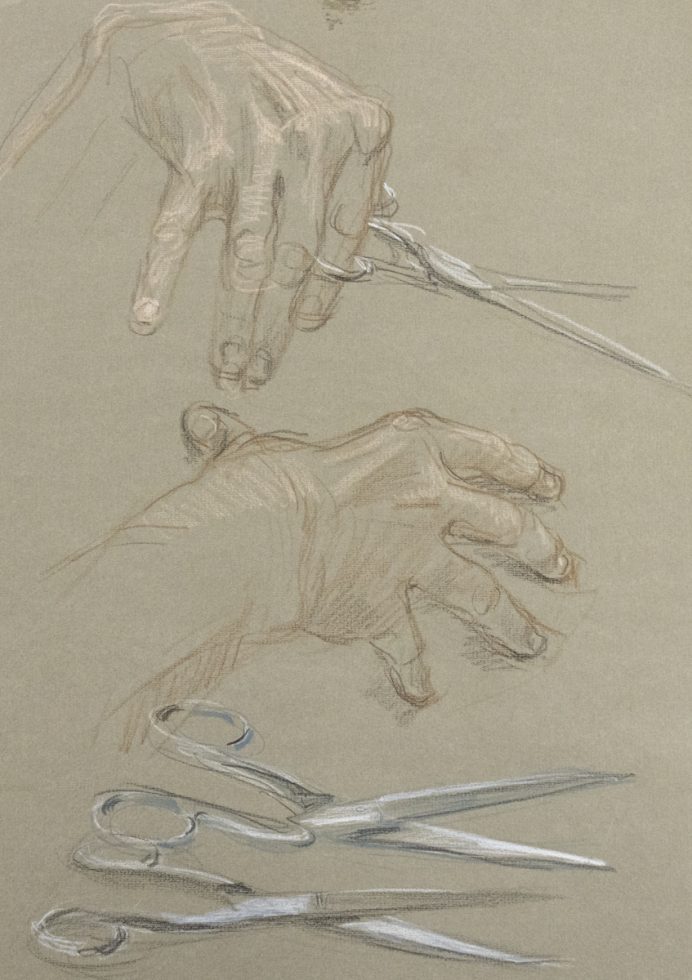This is a sketch of hands holding a pair of scissors and two other pairs just below them.