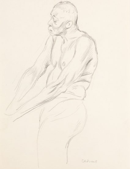 This is a pencil sketch of a nude old man sitting.