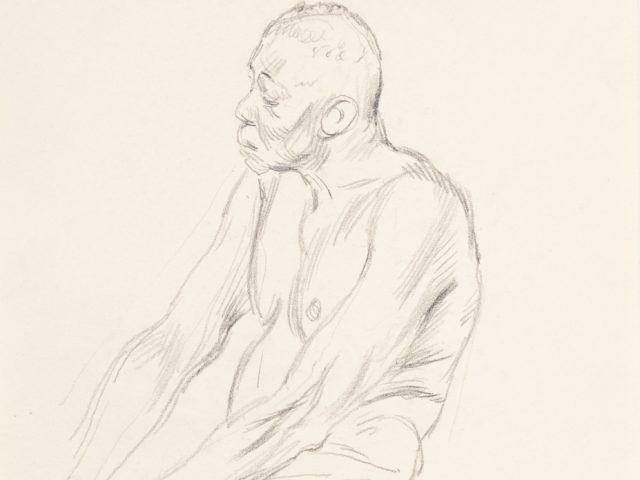 This is a pencil sketch of a nude old man sitting.