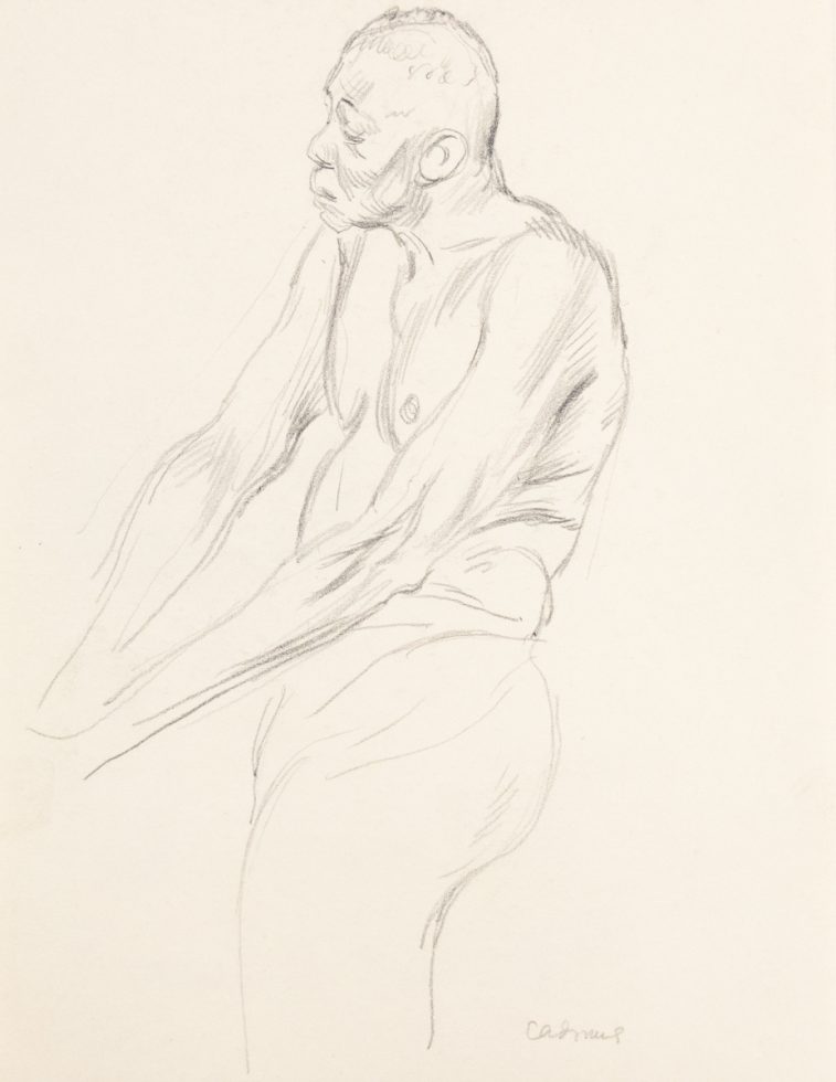This is a pencil sketch of a nude old man sitting.