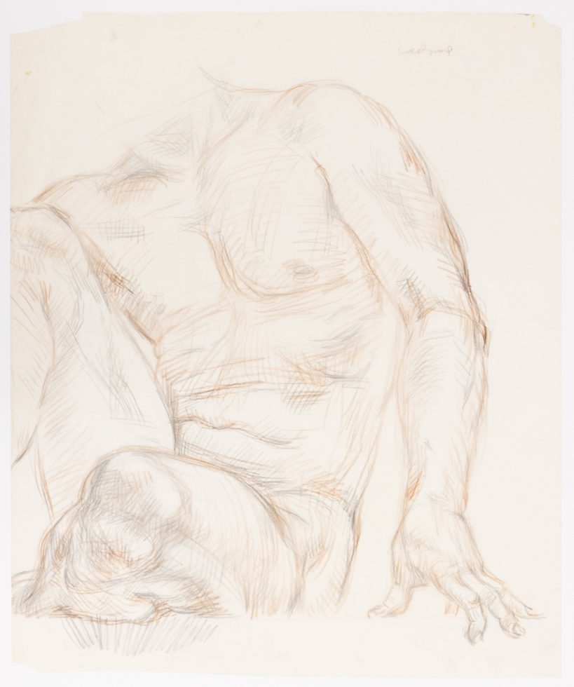 This is a sketch of a nude male torso.