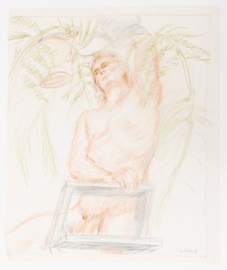 This is a sketch in orange and green crayon of a man with trees on the background.