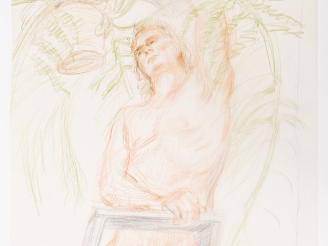 This is a sketch in orange and green crayon of a man with trees on the background.
