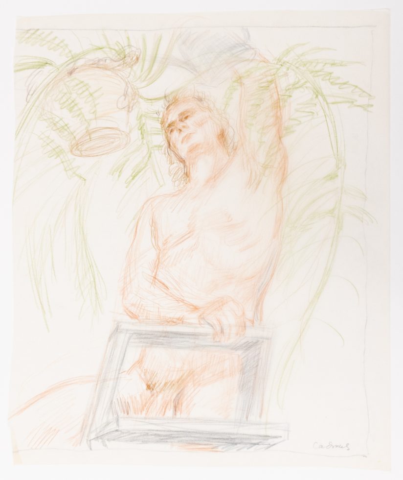 This is a sketch in orange and green crayon of a man with trees on the background.