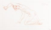This is a sketch in red crayon of a nude man crawling on his hands and knees.