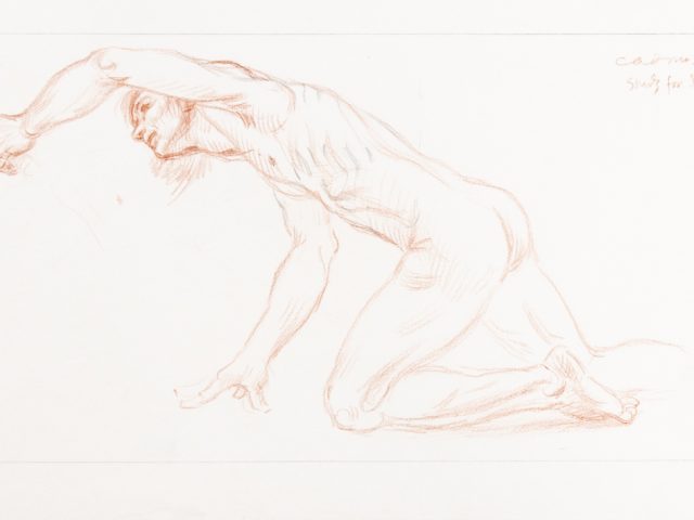 This is a sketch in red crayon of a nude man crawling on his hands and knees.