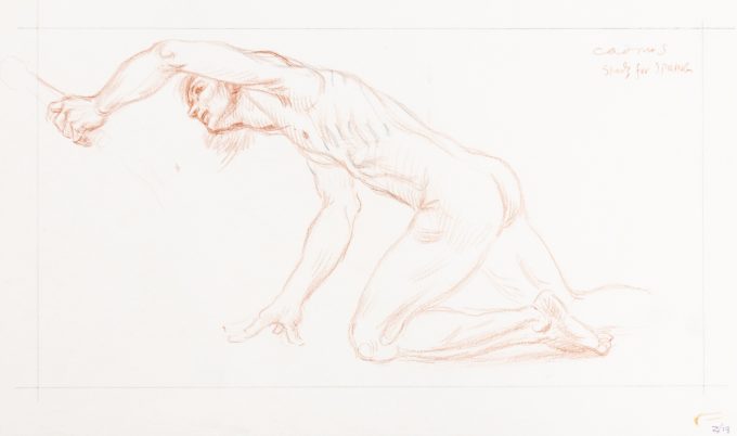 This is a sketch in red crayon of a nude man crawling on his hands and knees.