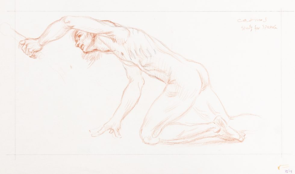 This is a sketch in red crayon of a nude man crawling on his hands and knees.