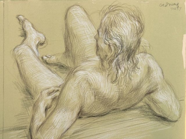 This is a sketch from behind of a nude man sitting and leaning back.