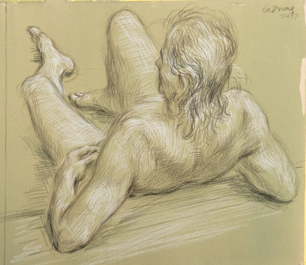 This is a sketch from behind of a nude man sitting and leaning back.