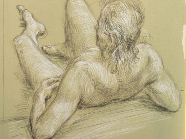A drawing on buff paper of a seated man.
