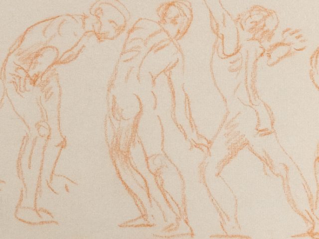This is a sketch of a person moving their body in 5 different iterations.