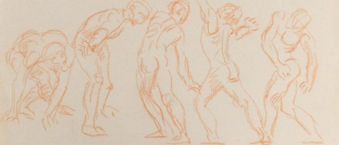 This is a sketch of a person moving their body in 5 different iterations.