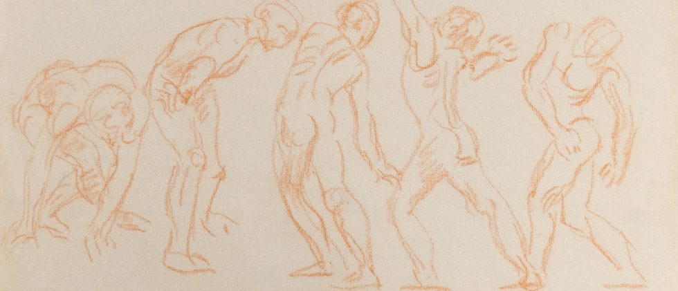 This is a sketch of a person moving their body in 5 different iterations.