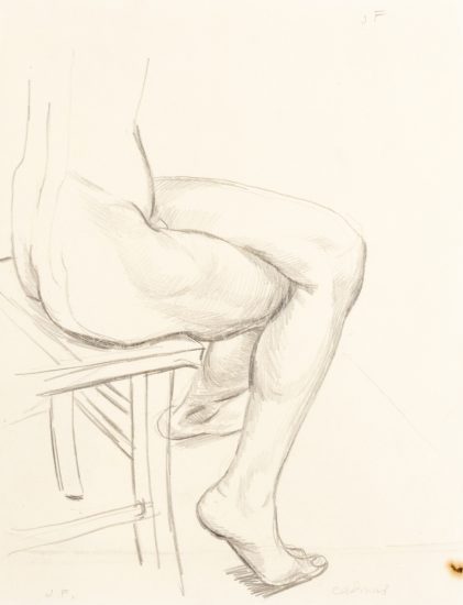 This is a pencil sketch of a pair of nude legs crossed and sitting on a chair.