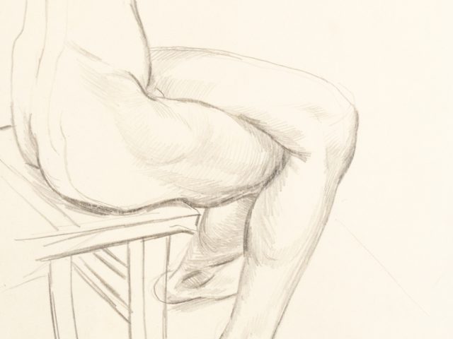 This is a pencil sketch of a pair of nude legs crossed and sitting on a chair.