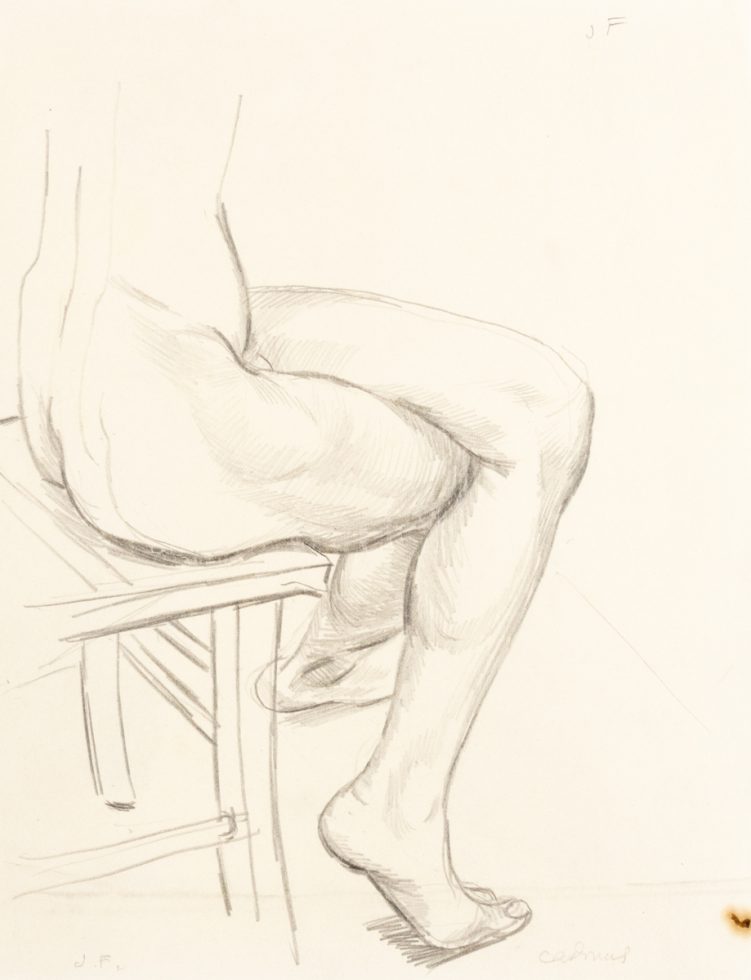 This is a pencil sketch of a pair of nude legs crossed and sitting on a chair.
