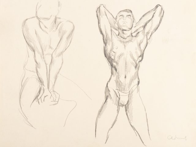This is a sketch of two nude men flexing their muscles.
