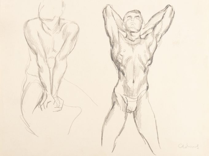 This is a sketch of two nude men flexing their muscles.