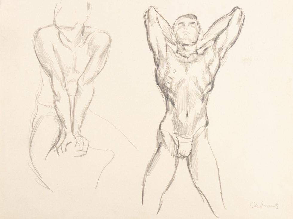 This is a sketch of two nude men flexing their muscles.