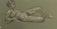 This is a sketch of nude woman laying on her side with one leg up.