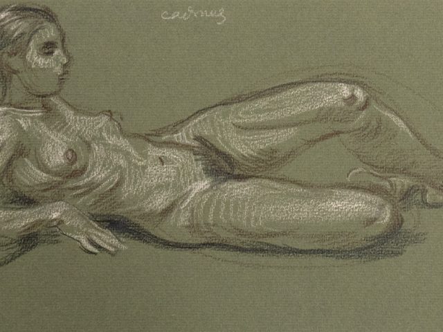 This is a sketch of nude woman laying on her side with one leg up.