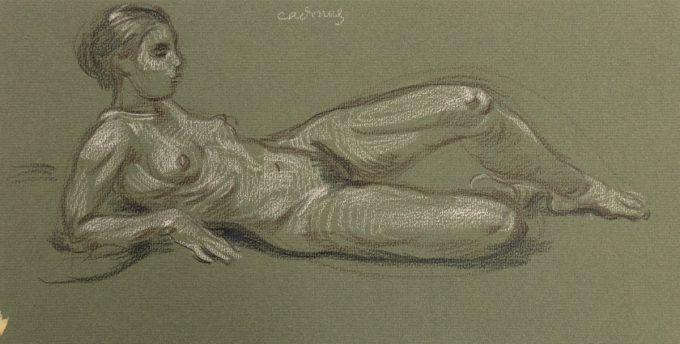This is a sketch of nude woman laying on her side with one leg up.