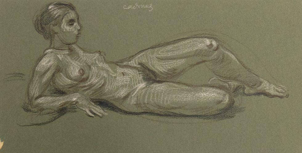 This is a sketch of nude woman laying on her side with one leg up.
