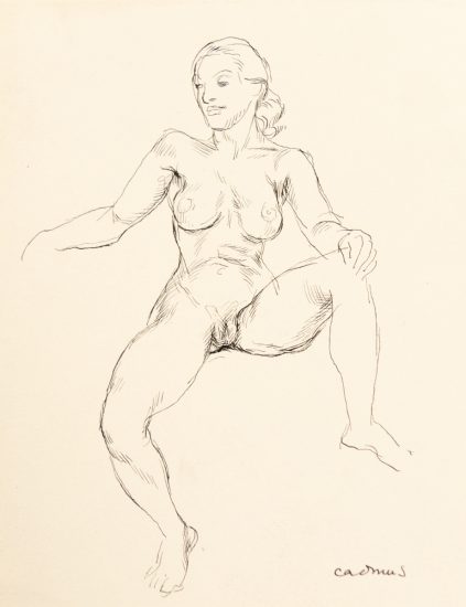 This a sketch of a nude woman sitting face forward with her left leg up and her hand on her knee.