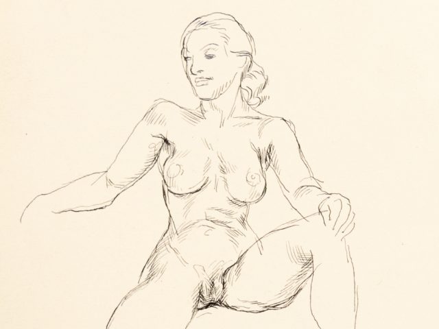 This a sketch of a nude woman sitting face forward with her left leg up and her hand on her knee.