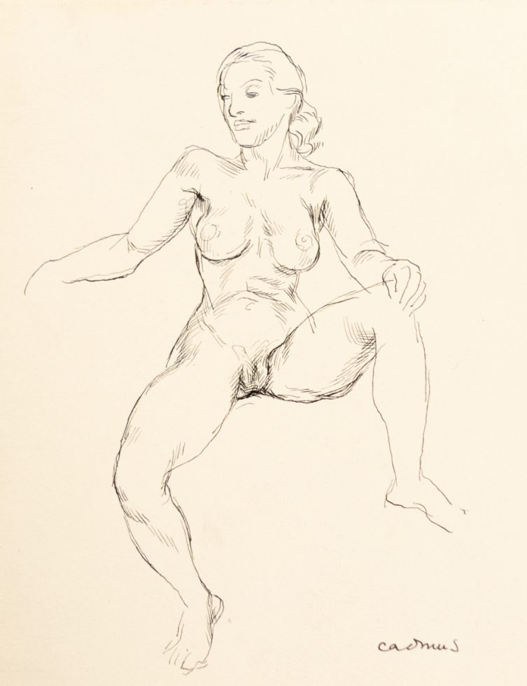 This a sketch of a nude woman sitting face forward with her left leg up and her hand on her knee.