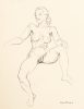 This a sketch of a nude woman sitting face forward with her left leg up and her hand on her knee.