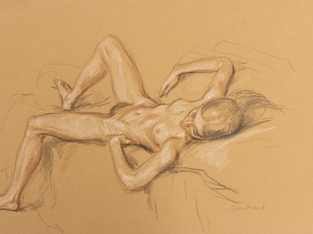 This is a sketch of a nude female laying on her back.