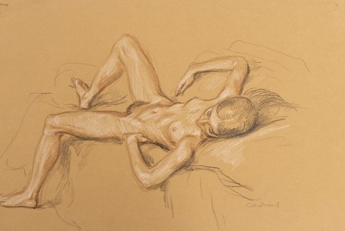 This is a sketch of a nude female laying on her back.