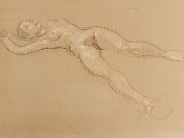 This is a sketch of a nude woman laying on her back.