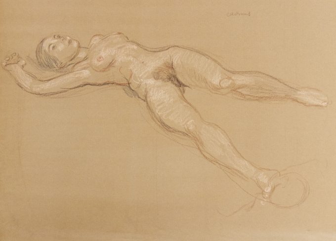 This is a sketch of a nude woman laying on her back.