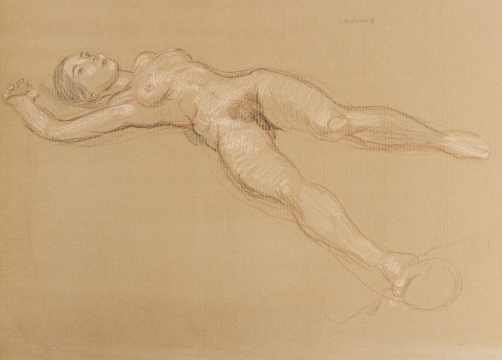 This is a sketch of a nude woman laying on her back.