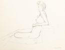 This is a sketch of the profile of a nude woman sitting and leaning back.