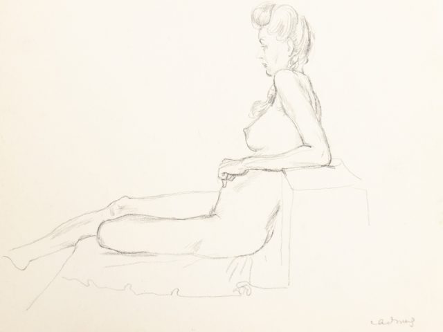 This is a sketch of the profile of a nude woman sitting and leaning back.