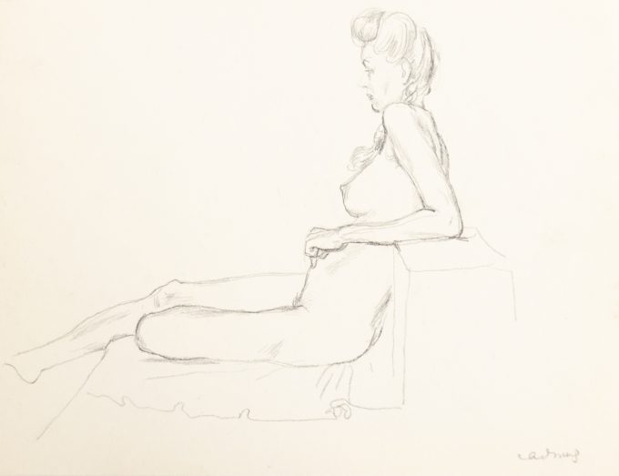 This is a sketch of the profile of a nude woman sitting and leaning back.