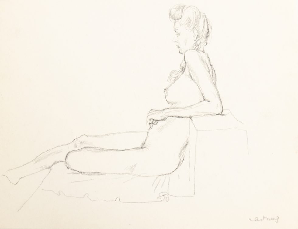 This is a sketch of the profile of a nude woman sitting and leaning back.