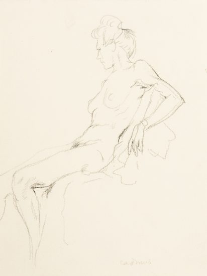 This is a sketch of the profile of a nude woman sitting and leaning back.