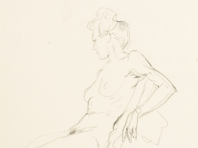 This is a sketch of the profile of a nude woman sitting and leaning back.