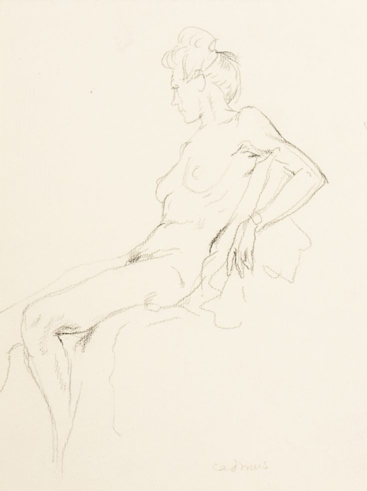 This is a sketch of the profile of a nude woman sitting and leaning back.
