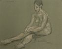 This is a sketch of a nude woman sitting with her legs crossed and her hands resting on her knee.
