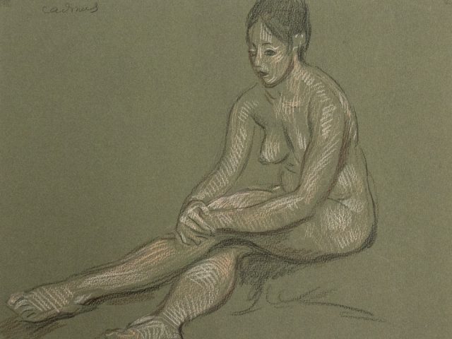 This is a sketch of a nude woman sitting with her legs crossed and her hands resting on her knee.