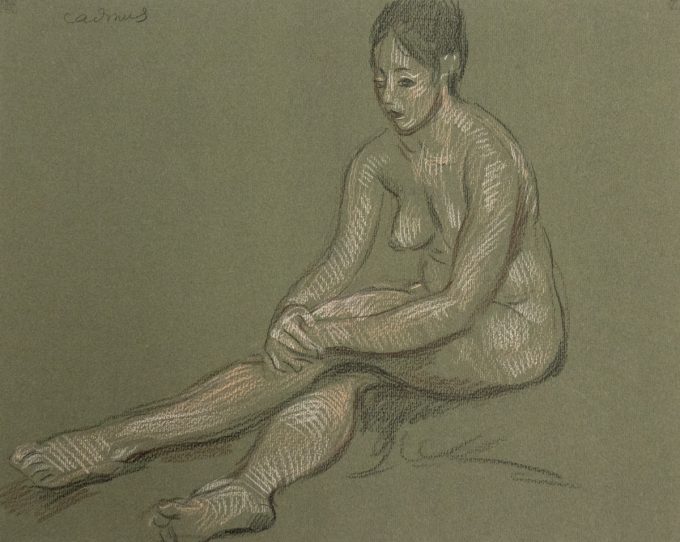 This is a sketch of a nude woman sitting with her legs crossed and her hands resting on her knee.