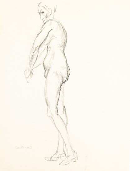 This is a sketch of a posed nude woman standing with heels on.